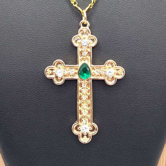 18k Gold Plated Necklace w/ Spanish Style Cross Pendant Christian Catholic Gift - Picture 2 of 6